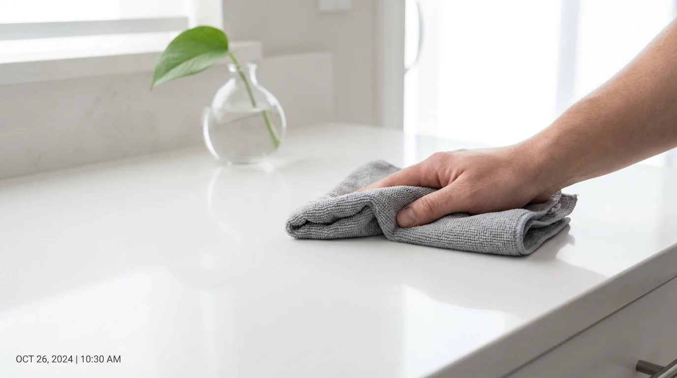 A hand wiping a smooth, white quartz countertop with a cleaning cloth, showing a low-maintenance surface.