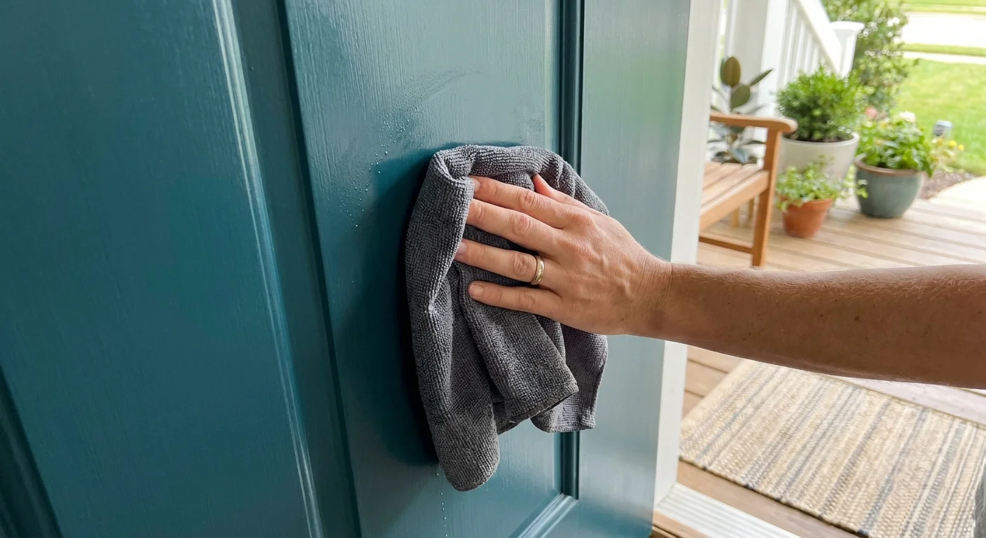 A hand wiping a teal door with a microfiber cloth to keep it clean and maintained.