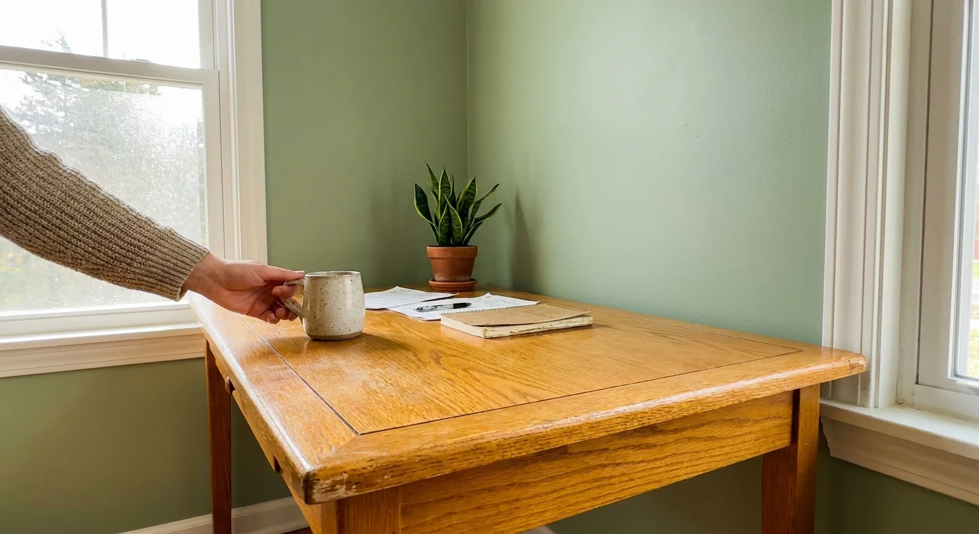 A home office with muted sage green walls and a honey oak desk, showing a natural and calm workspace.