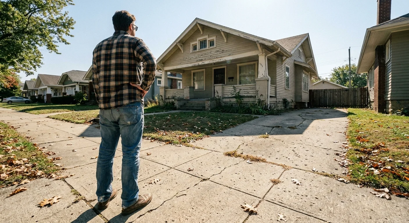 A homeowner in casual clothes stands on a sidewalk looking at their front entryway on a sunny day.