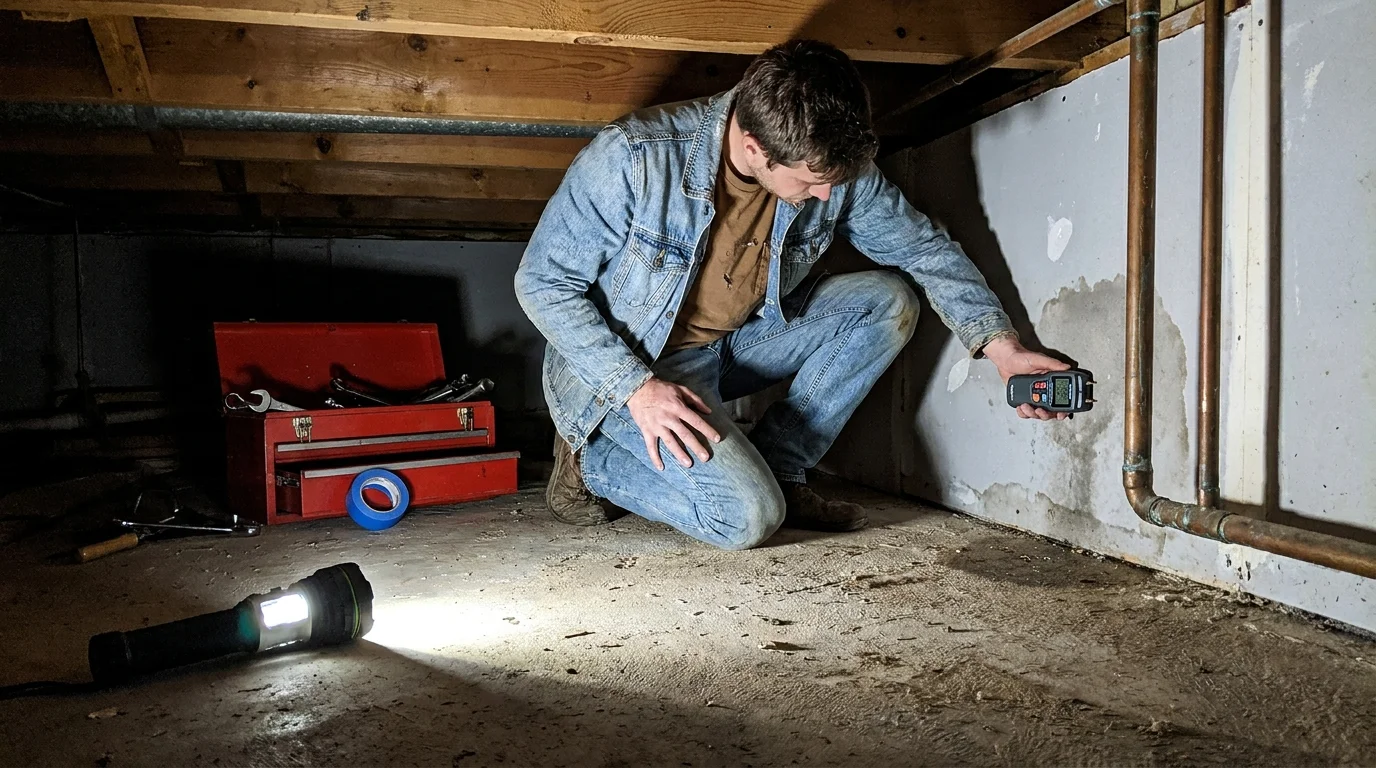 A homeowner using a digital moisture meter to check a basement wall for leaks under a copper pipe, illuminated by a flashlight.