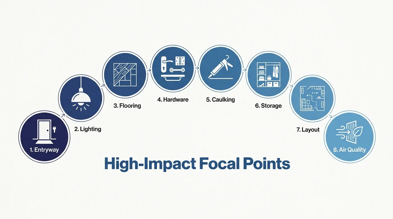 A horizontal 8-step diagram showing the sequence of home improvements from entryway to air quality.
