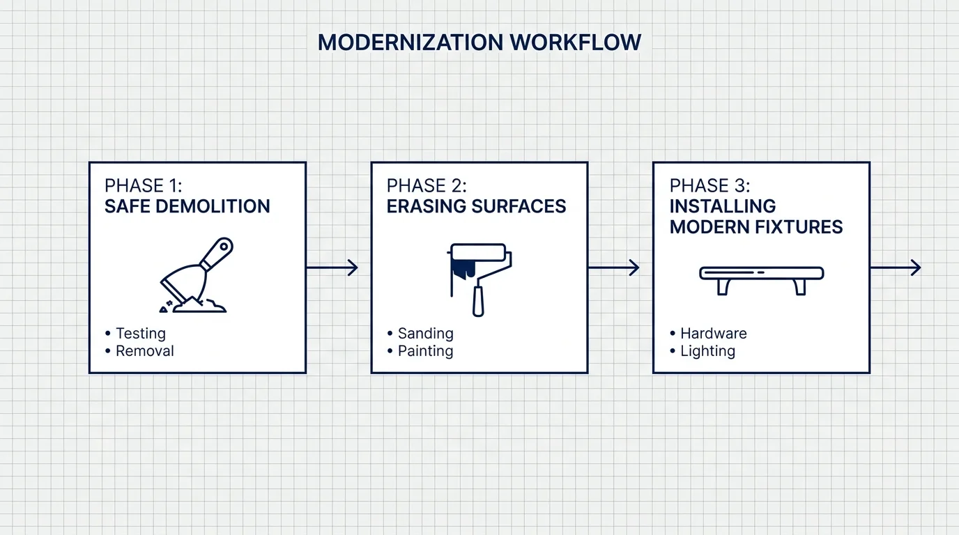 A horizontal flowchart showing the three phases of home renovation: Demolition, Surface Erasing, and Fixture Installation.