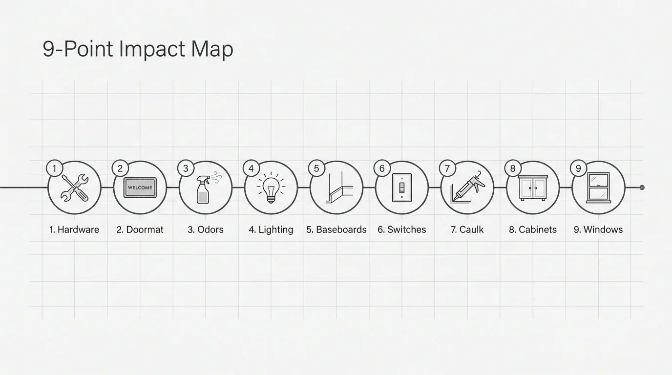 A horizontal timeline diagram mapping out nine home improvement steps from hardware to windows.