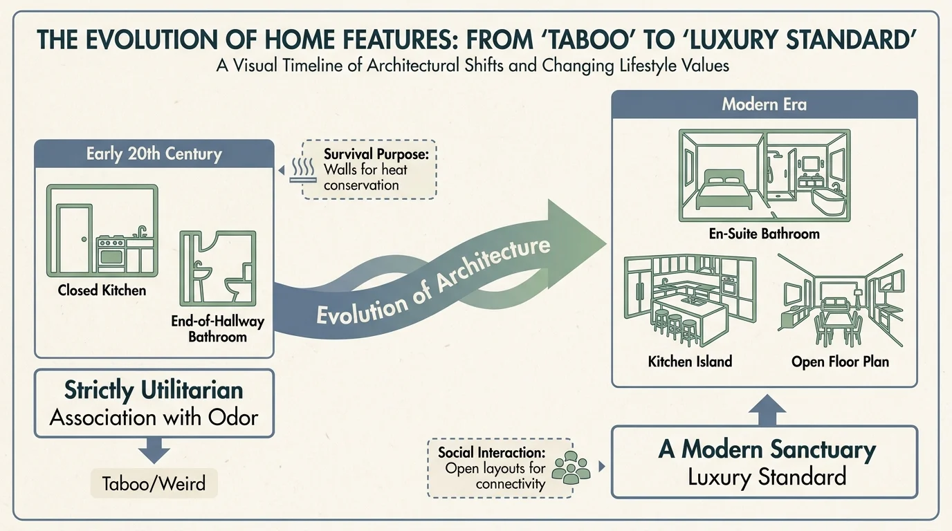 A horizontal timeline diagram showing the historical shift from utilitarian home design to modern luxury amenities.