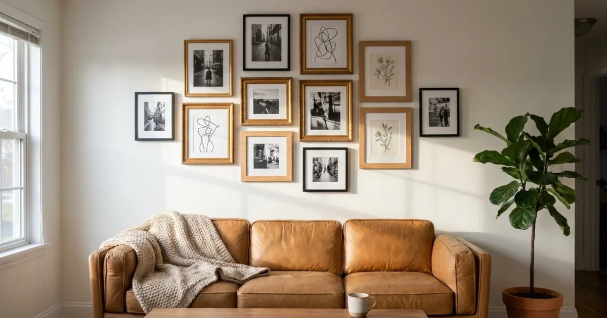 A large, stylish gallery wall with mixed frames and art hanging above a tan leather sofa in a sunlit living room.