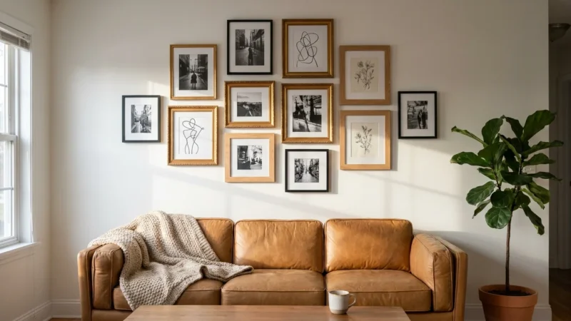 A large, stylish gallery wall with mixed frames and art hanging above a tan leather sofa in a sunlit living room.