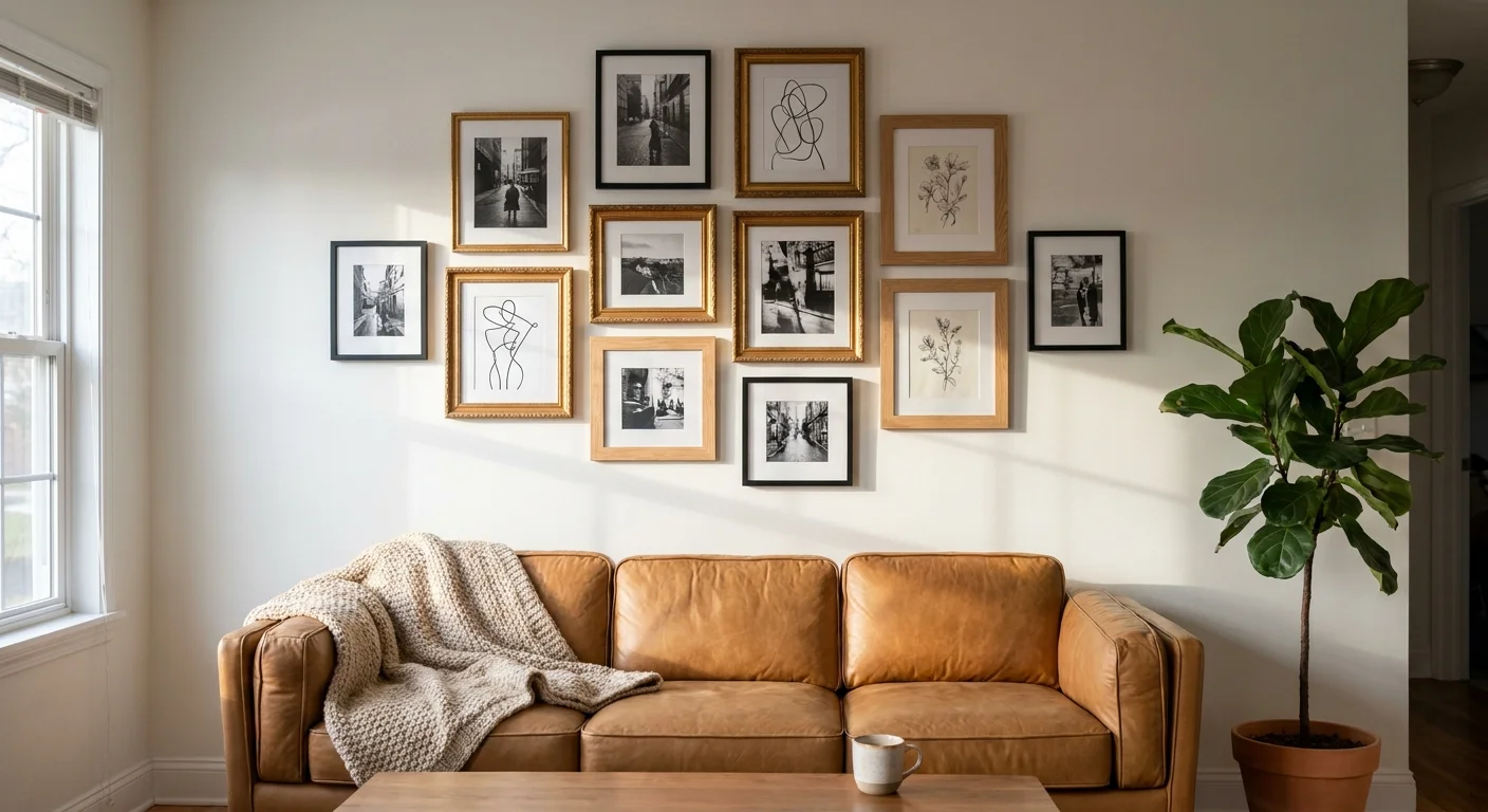 A large, stylish gallery wall with mixed frames and art hanging above a tan leather sofa in a sunlit living room.