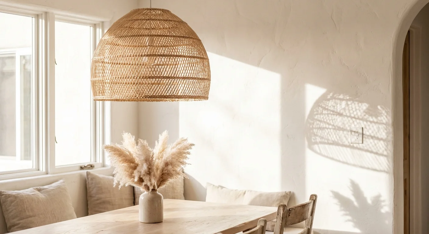 A large woven rattan pendant light hangs over a wooden table in a bright, sunlit room, casting intricate shadows.
