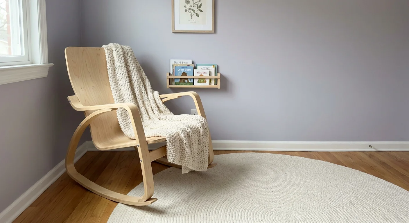 A light maple rocking chair in a room with soft lavender gray walls and a cream knit blanket.