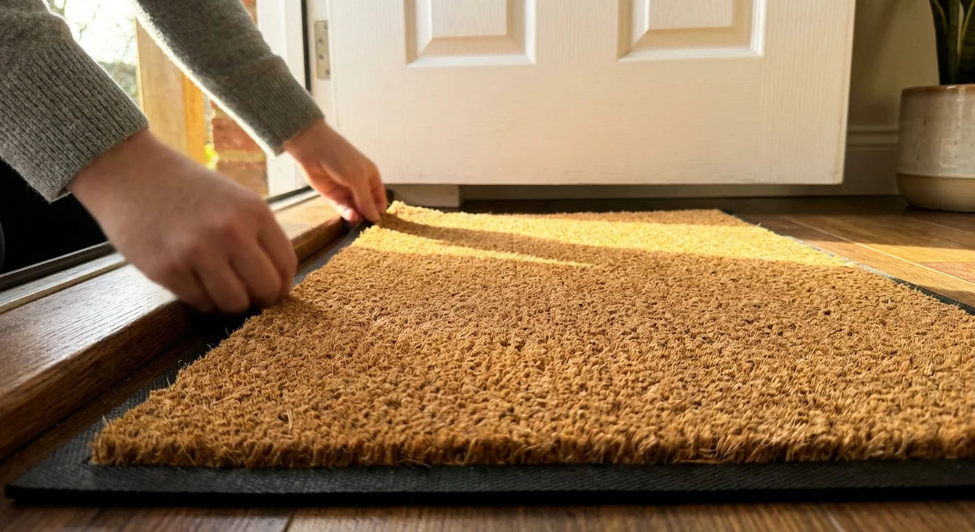 A low-angle shot of a new coir doormat being placed on a clean wooden threshold.