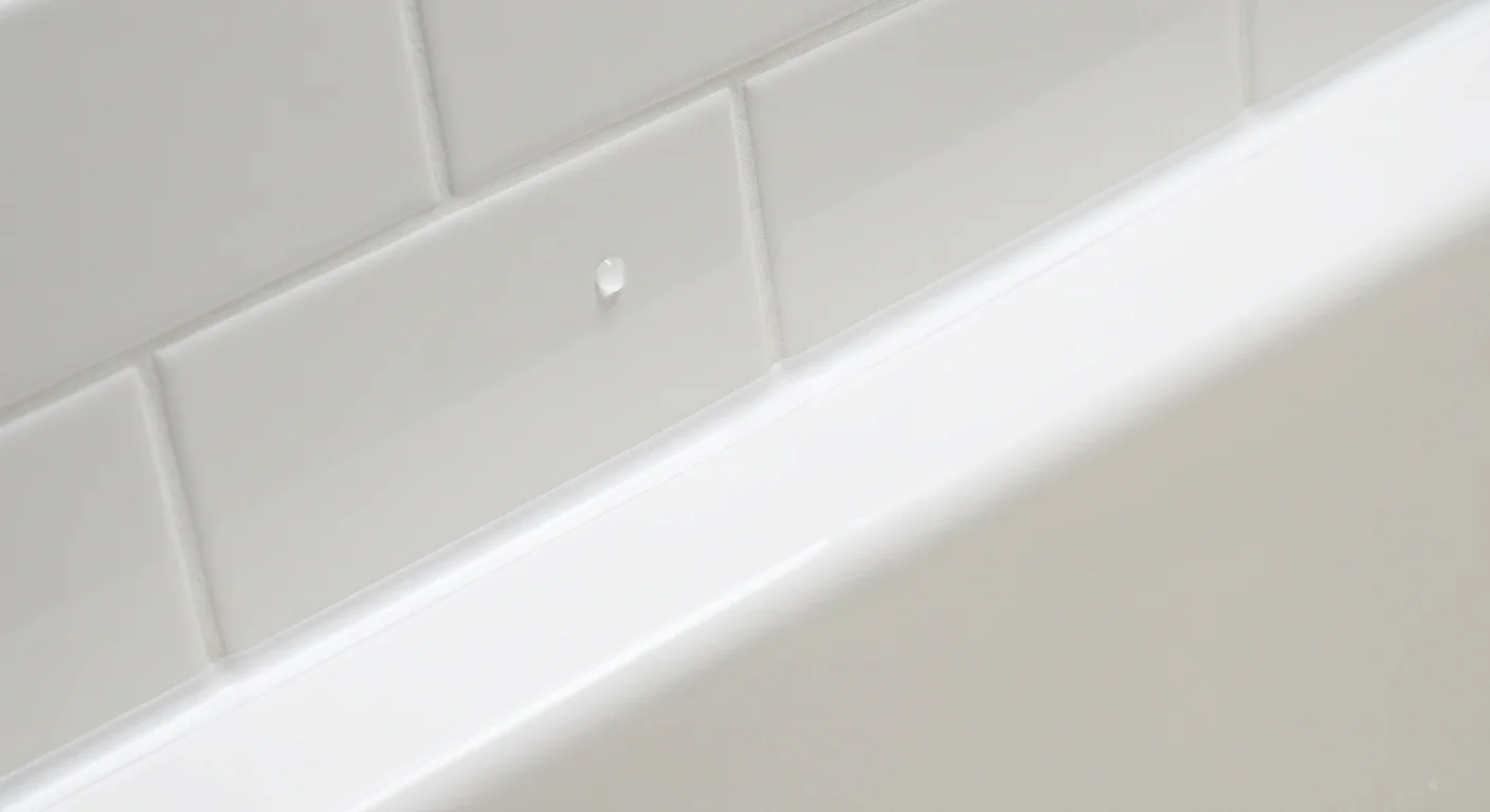 A macro photograph of a clean, white silicone caulk line and pristine grout in a tiled bathroom.