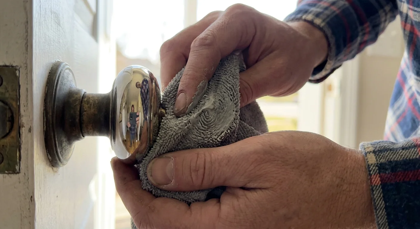 A macro shot of hands polishing a brass doorknob, showing the contrast between tarnished and clean metal.