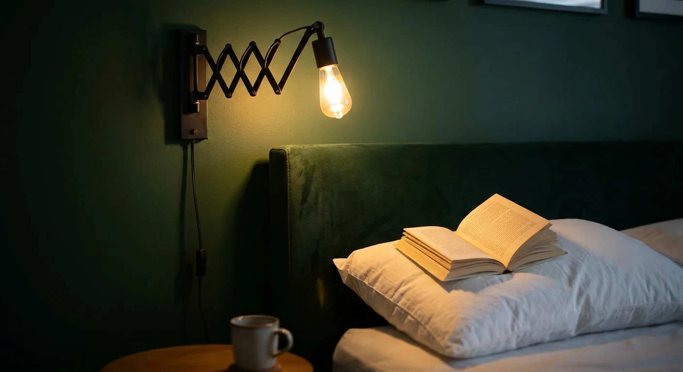 A matte black adjustable wall sconce is mounted above a bed, casting a focused light onto a book.