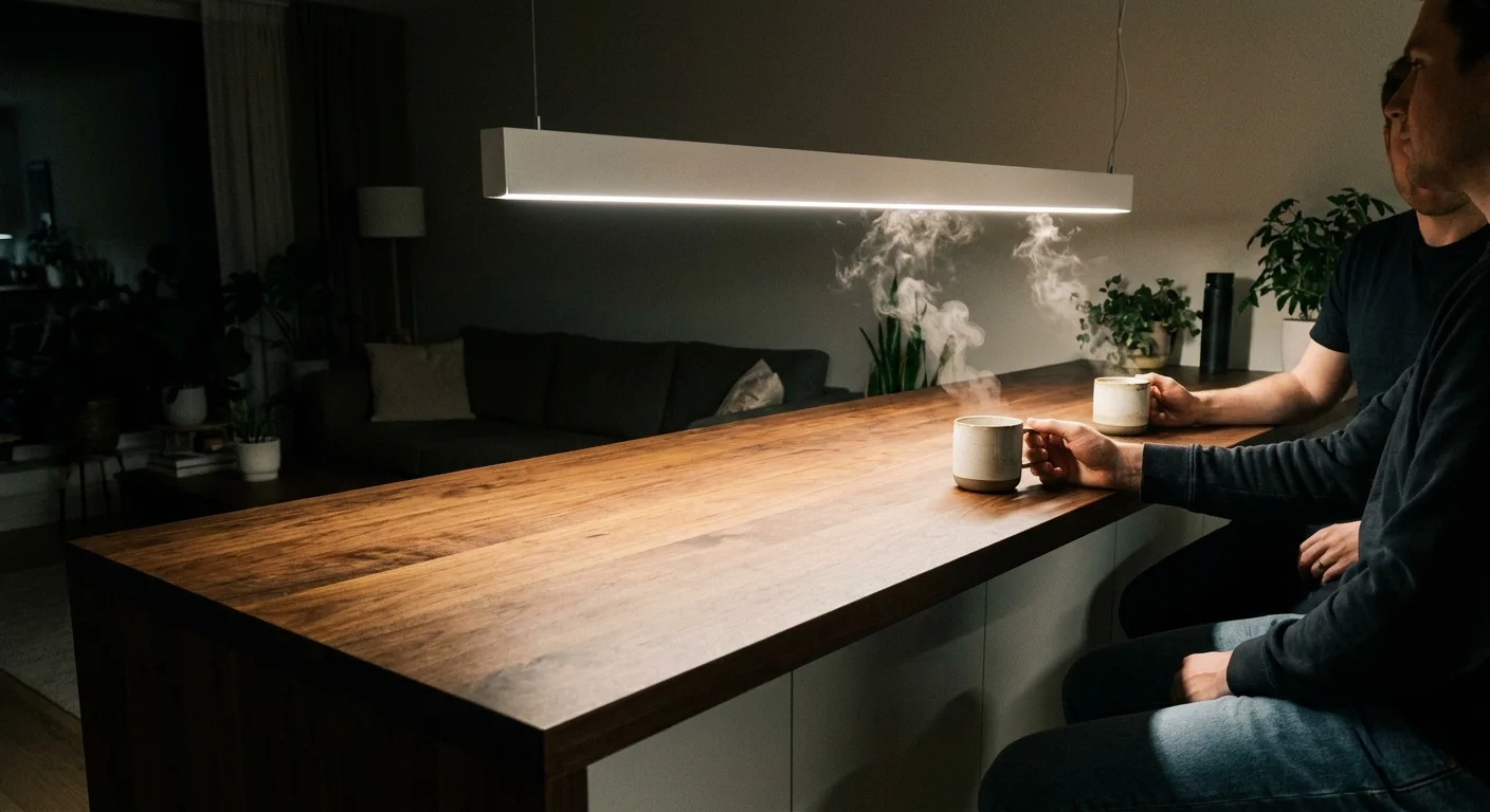 A matte white linear light fixture provides even illumination over a long wooden breakfast bar in a modern apartment.