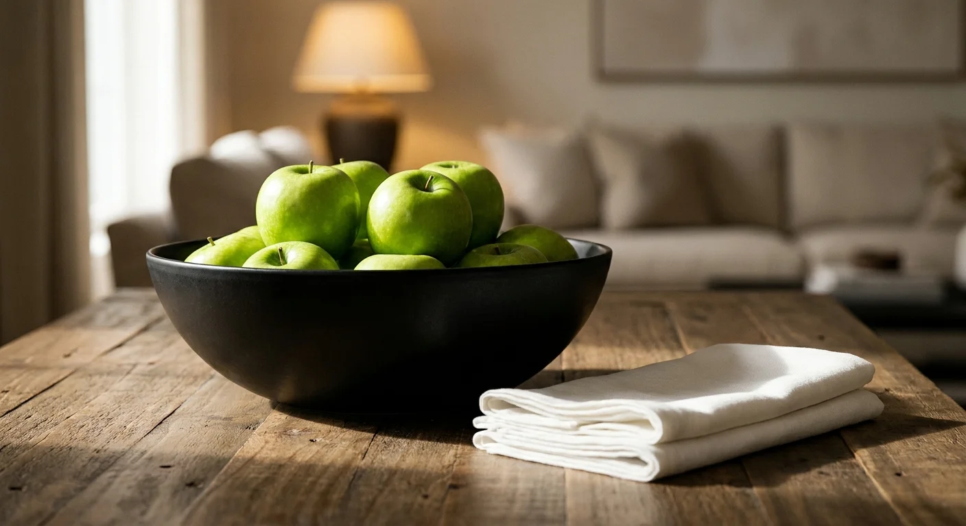 A minimalist centerpiece of green apples in a black bowl on a wooden table, with a blurred living room background.