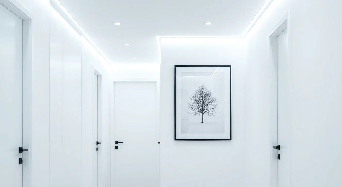 A minimalist hallway painted in a very crisp, pure white with black accents and door handles.