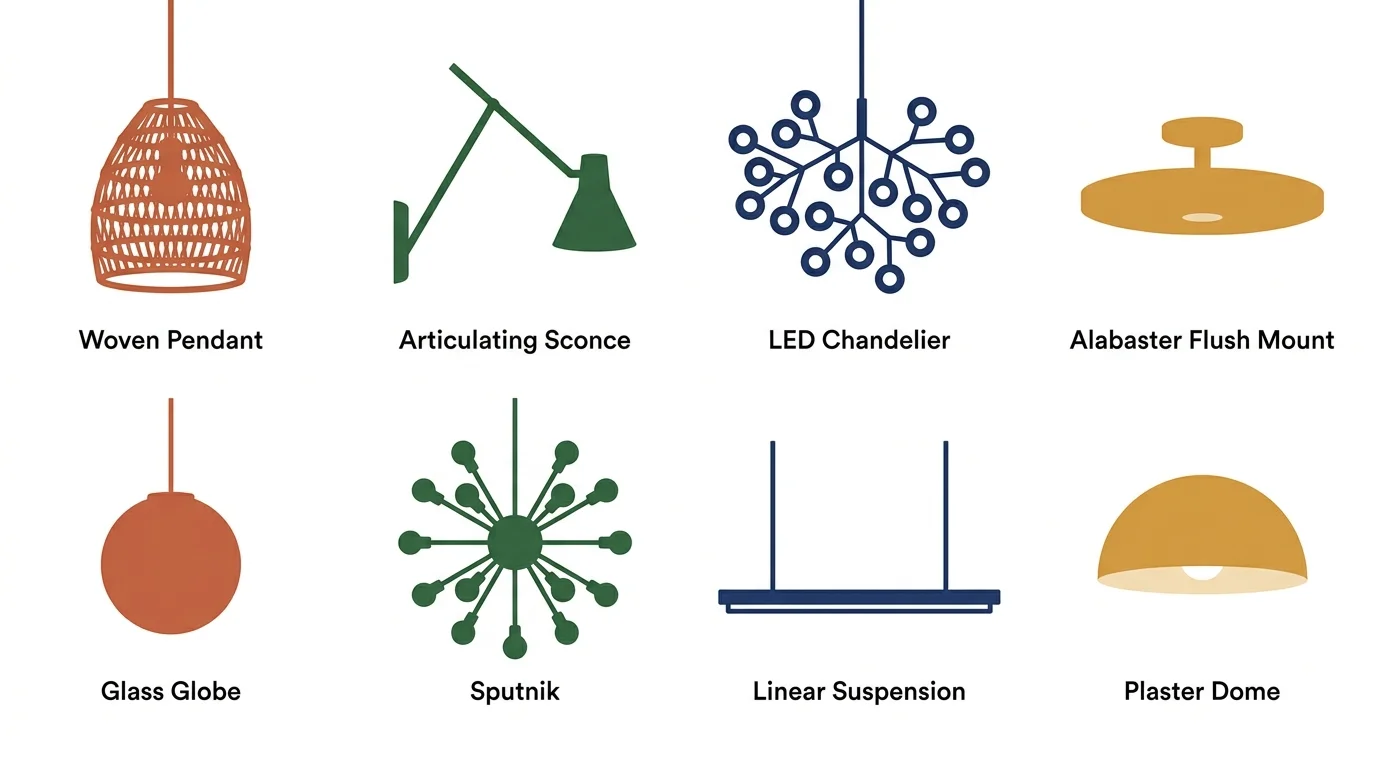 A minimalist illustration showing the silhouettes of eight different light fixture styles, from pendants to chandeliers.