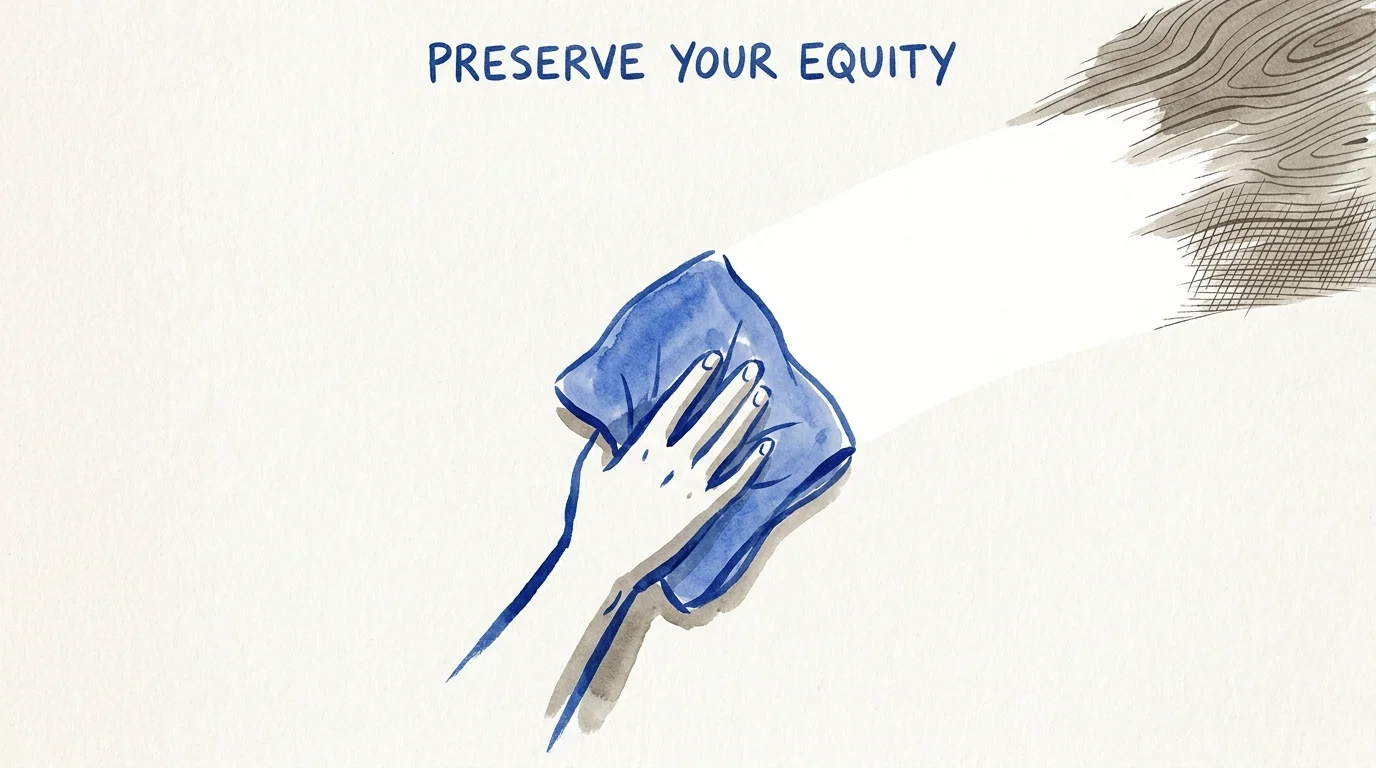A minimalist ink drawing of a hand wiping a clean kitchen cabinet with a soft cloth.