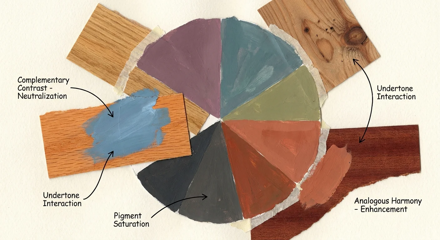 A mixed media collage showing a color wheel interacting with different wood grain samples like oak and mahogany.