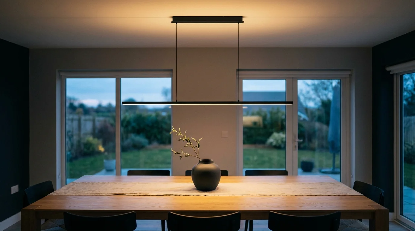 A modern black linear light fixture hangs above a wooden dining table, casting a warm glow in a stylish, dusk-lit room.