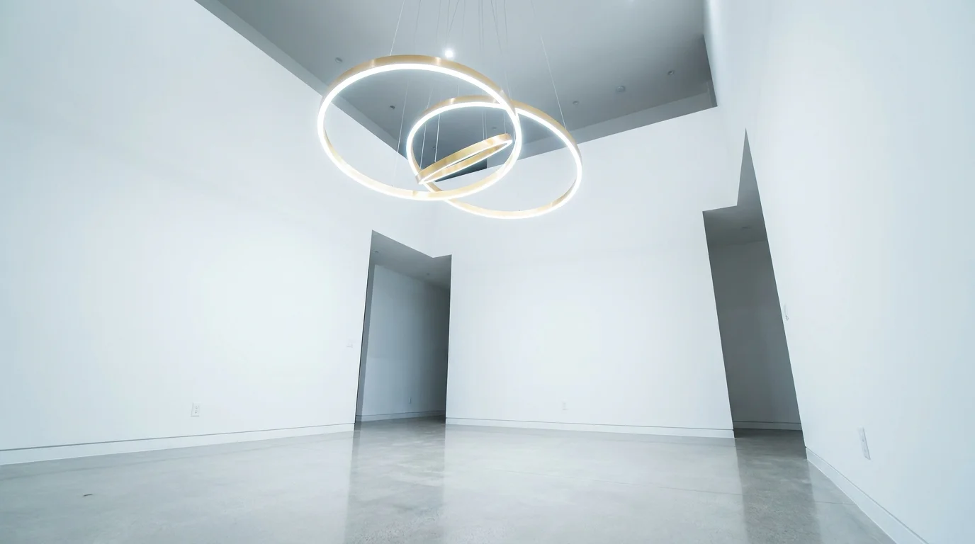 A modern gold LED chandelier with interlocking rings hangs in a minimalist, high-ceilinged entryway.