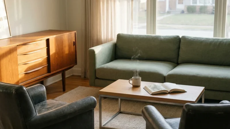 A modern living room blending a mid-century wood sideboard and leather chairs with contemporary furniture in natural afternoon light.