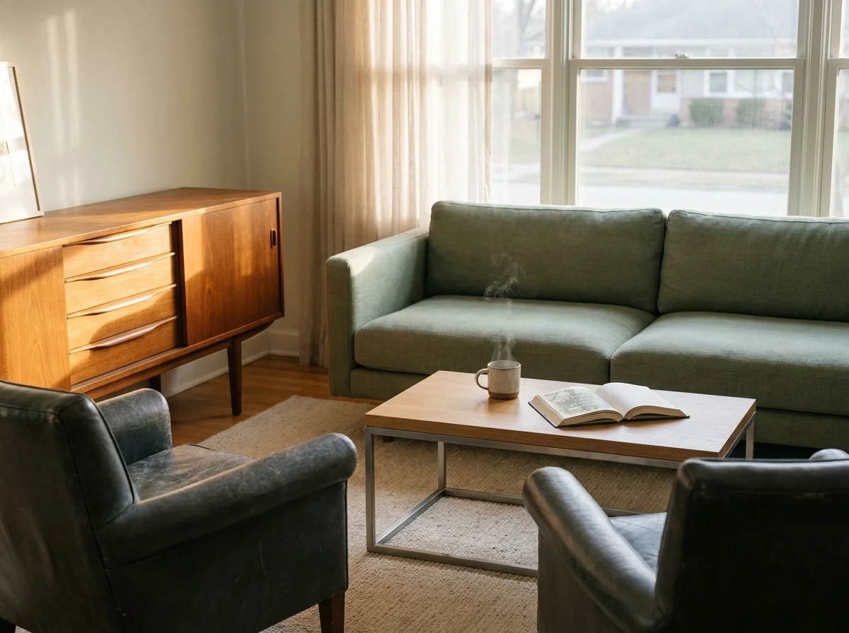 A modern living room blending a mid-century wood sideboard and leather chairs with contemporary furniture in natural afternoon light.