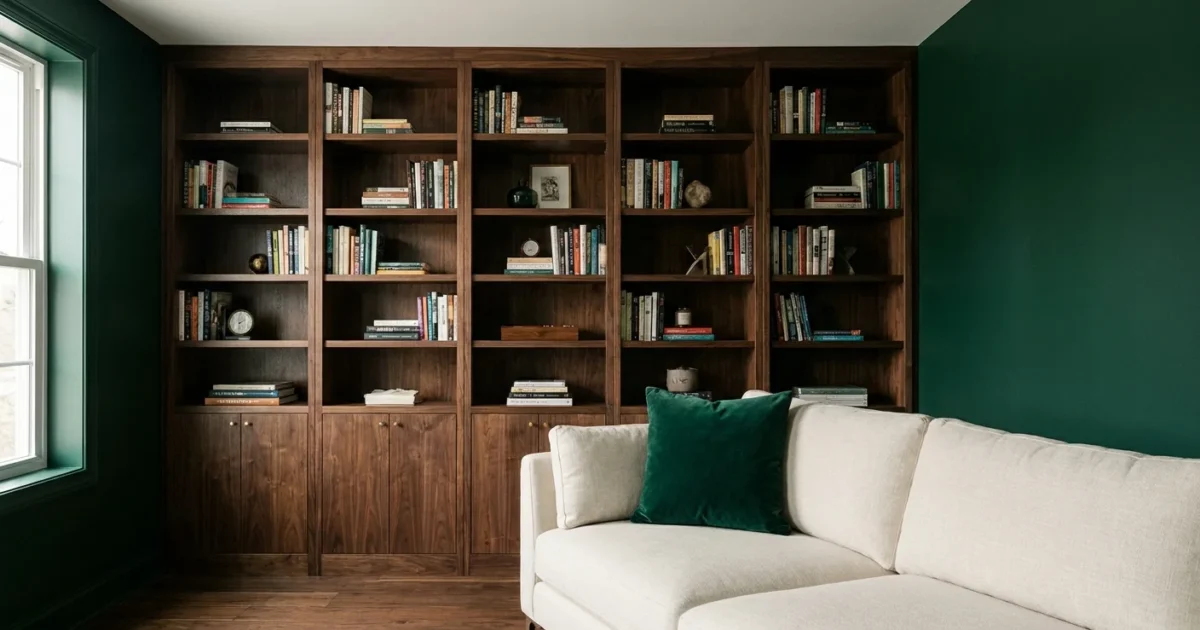 A modern living room with deep emerald green walls and dark walnut built-in shelving, showcasing a bold color contrast.