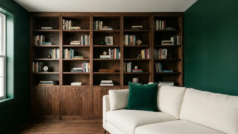 A modern living room with deep emerald green walls and dark walnut built-in shelving, showcasing a bold color contrast.