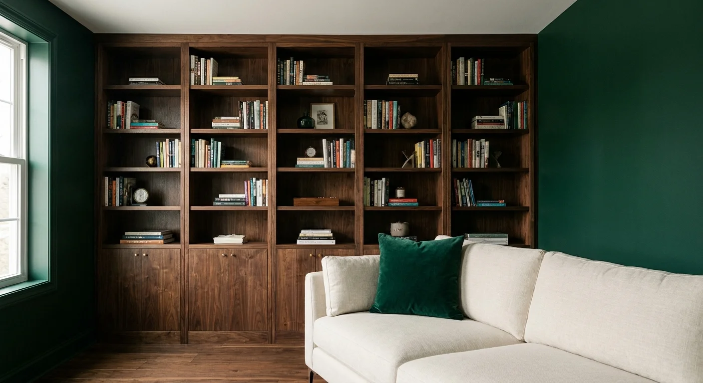 A modern living room with deep emerald green walls and dark walnut built-in shelving, showcasing a bold color contrast.