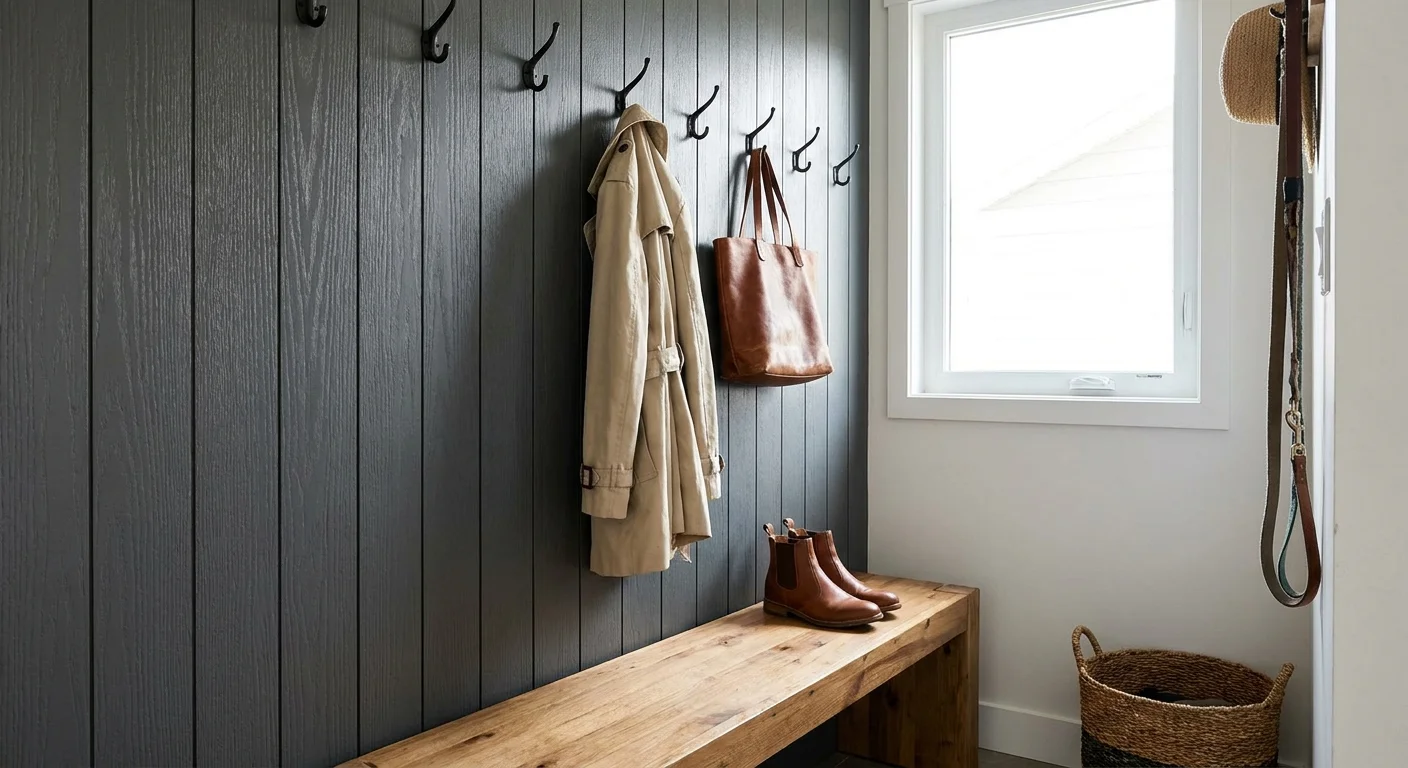 A modern mudroom with dark charcoal vertical shiplap, a wooden bench, and wall hooks.
