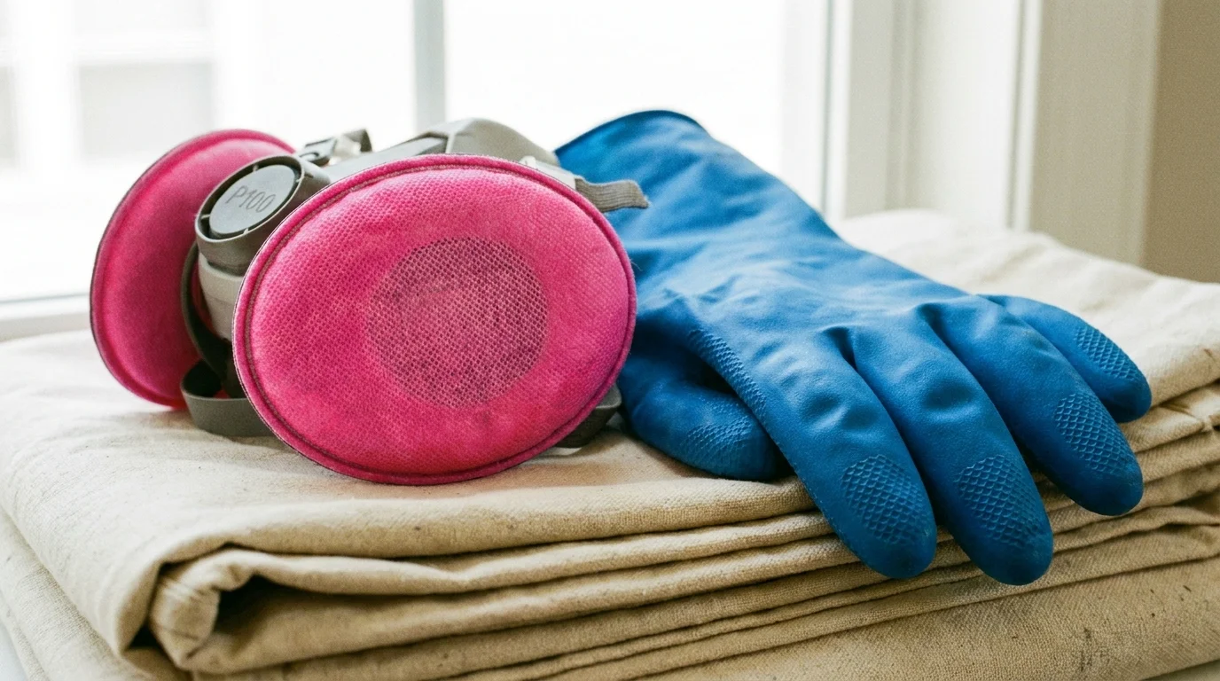 A P100 respirator mask and blue nitrile safety gloves resting on a canvas drop cloth.