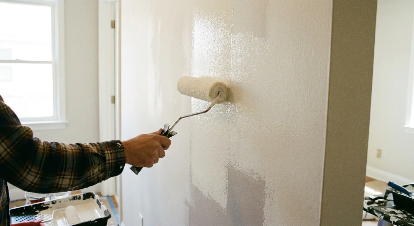 A paint roller applying a fresh coat of white paint over a primed wall, showing the texture of the wet paint.