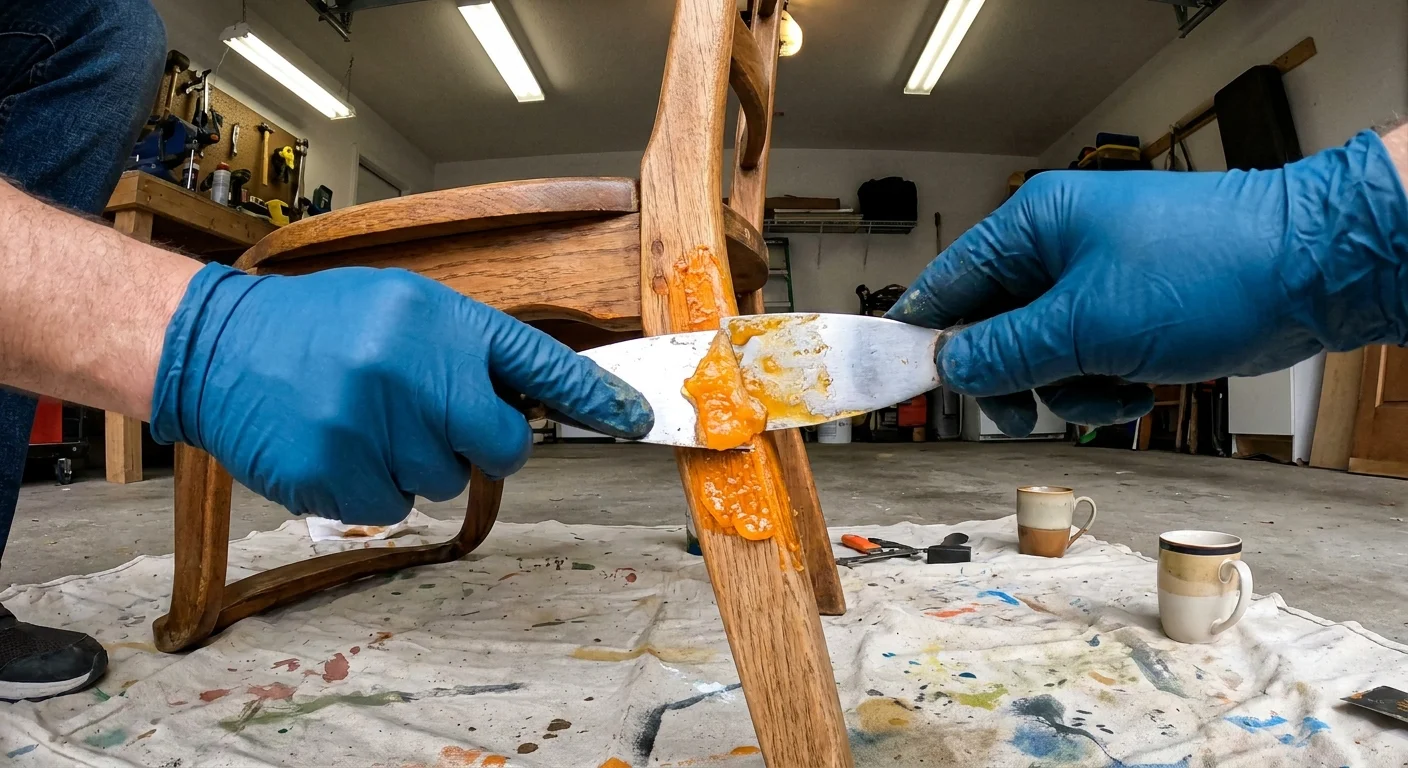 A person in blue gloves uses a scraper to remove orange chemical stripper from a wooden chair leg in a garage.