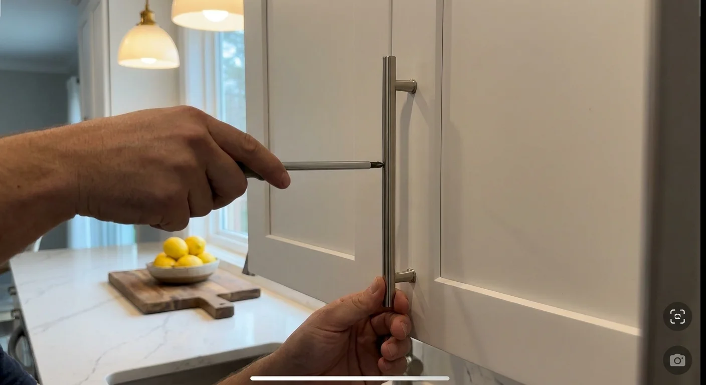 A person installing a new brushed nickel handle on a white kitchen cabinet with a white countertop in the background.