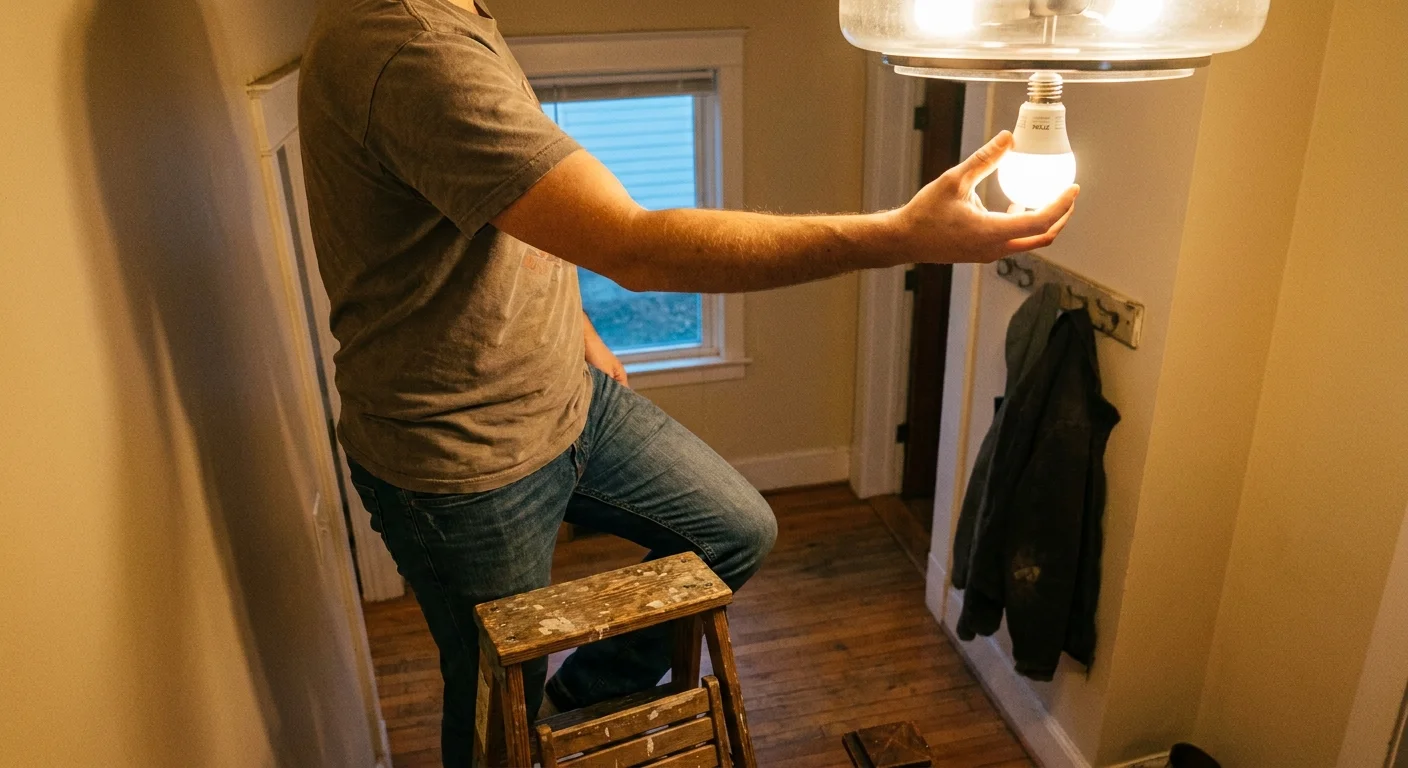 A person on a stool replacing a lightbulb in a foyer, with the bulb labeled 2700K.