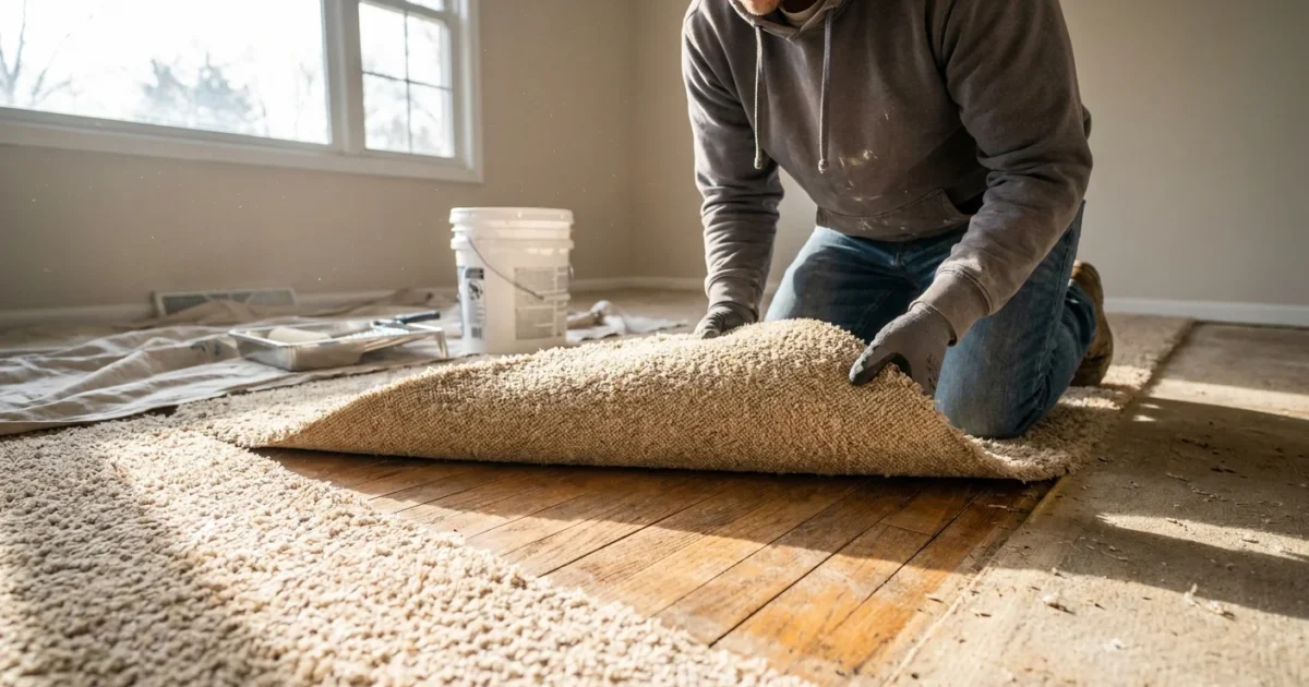 A person pulling back old beige carpeting to reveal natural oak wood flooring in a sunlit room.
