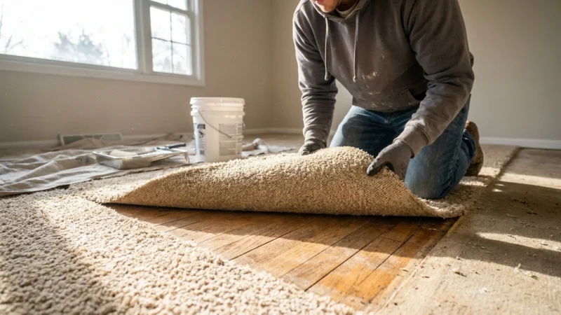 A person pulling back old beige carpeting to reveal natural oak wood flooring in a sunlit room.