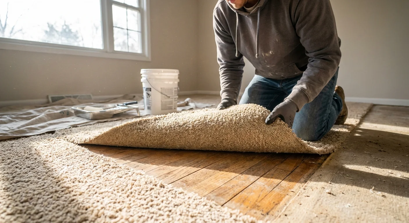 A person pulling back old beige carpeting to reveal natural oak wood flooring in a sunlit room.