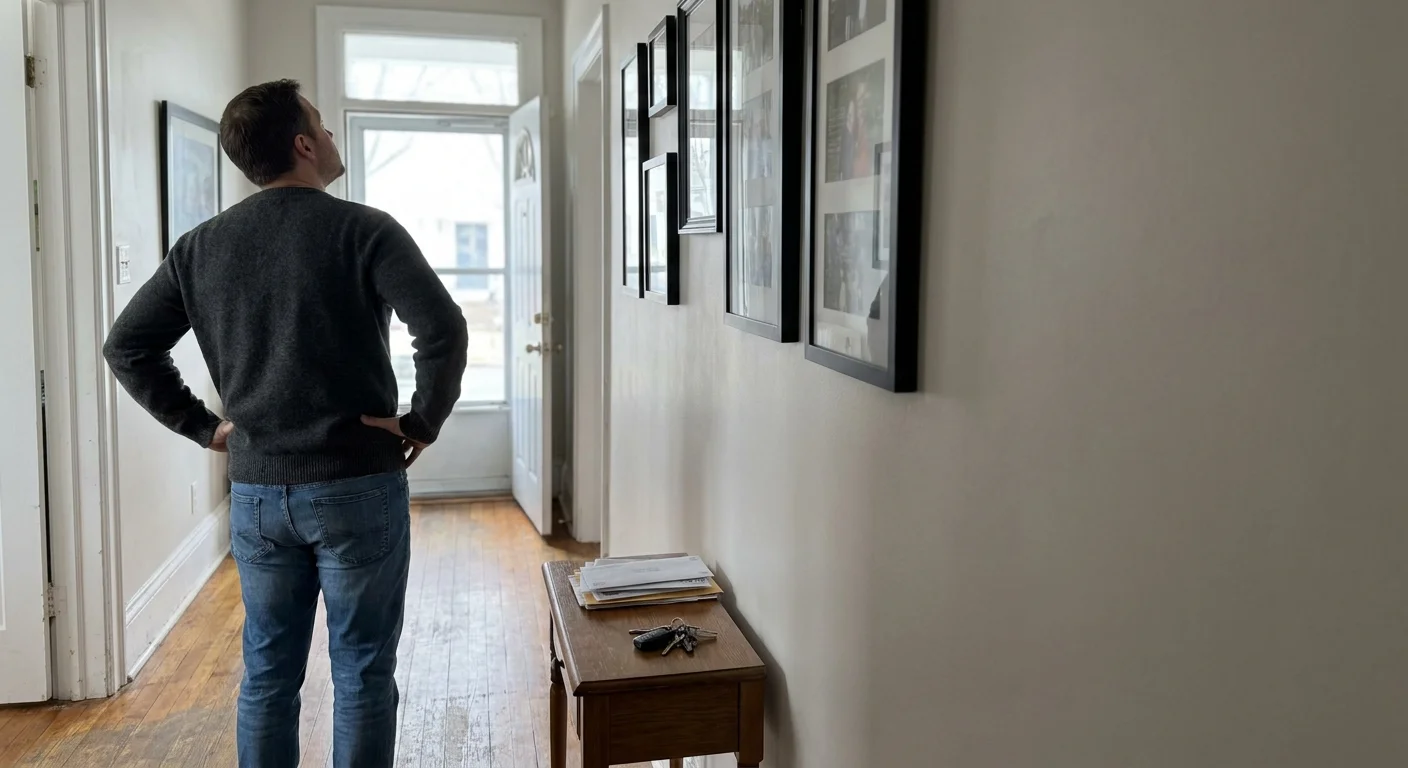 A person stands in a hallway, looking at a newly installed vertical arrangement of black picture frames.