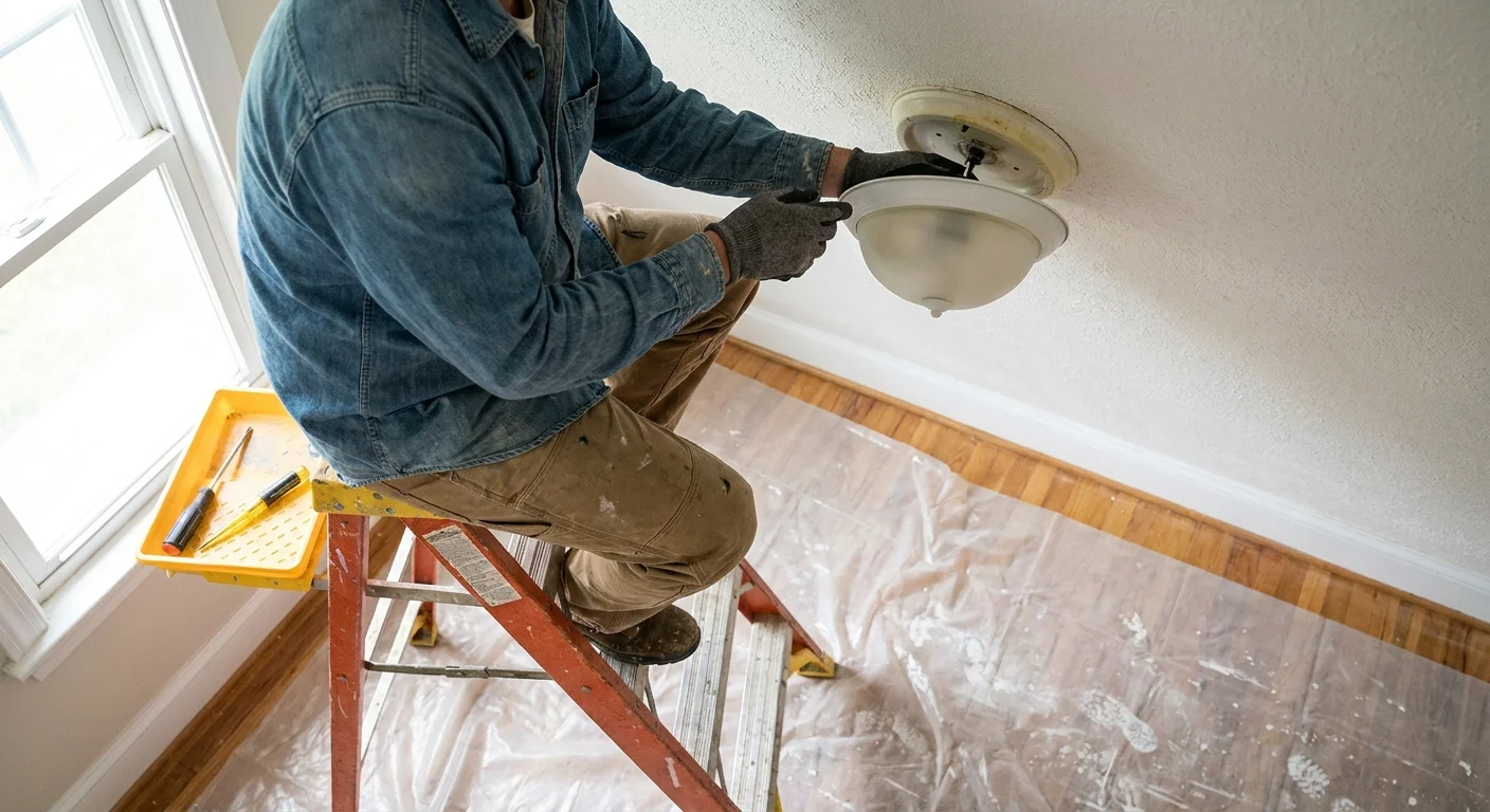 A person stands on a fiberglass ladder in a sunlit room, preparing to remove an old ceiling light fixture.