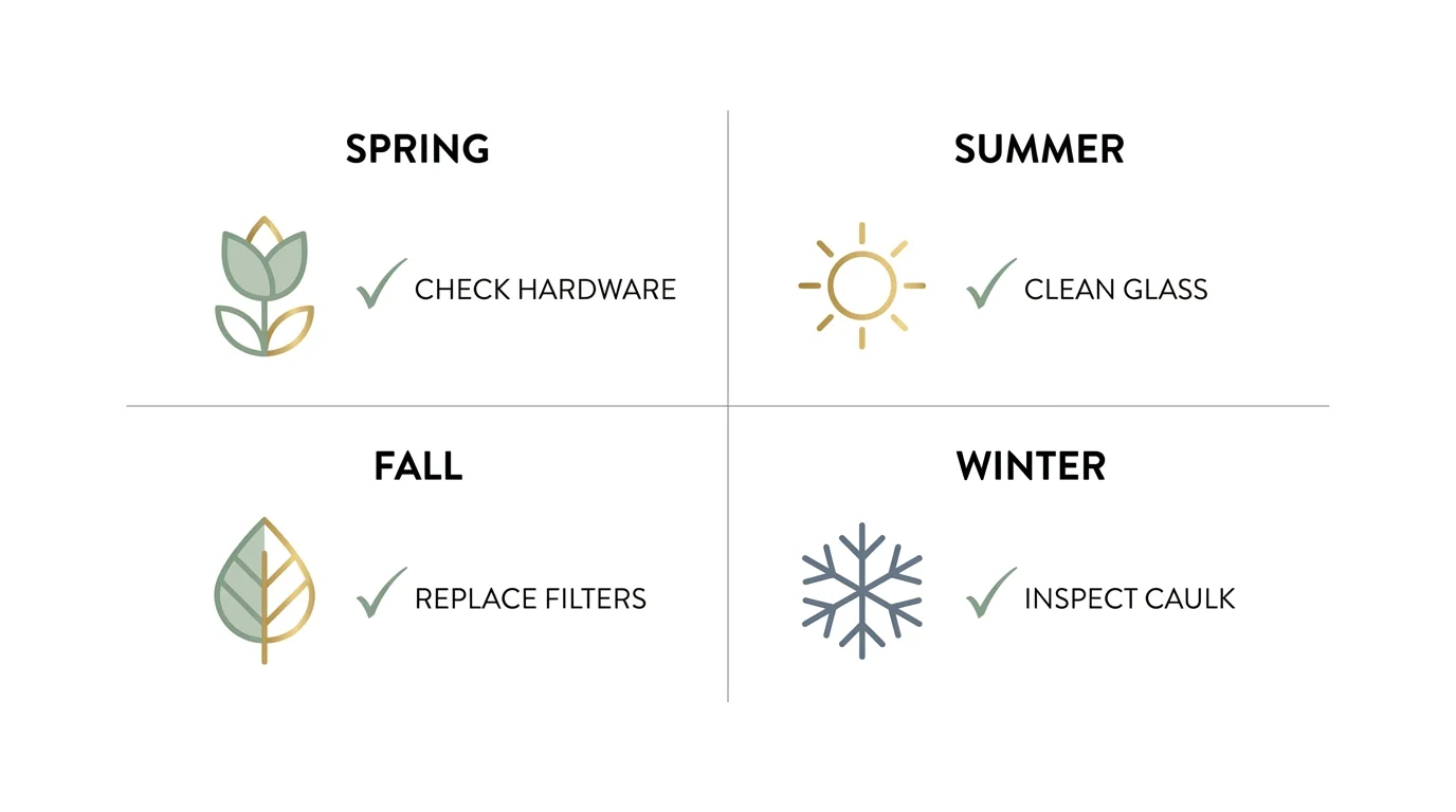 A seasonal maintenance calendar diagram with icons for spring, summer, fall, and winter.