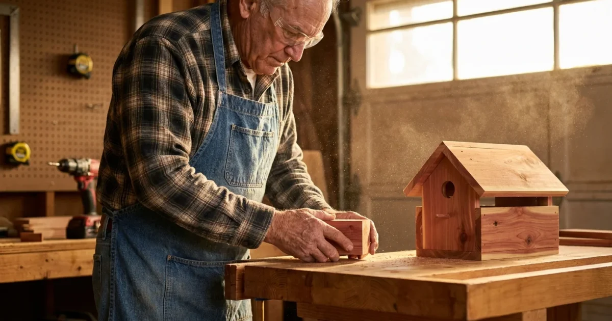 A senior man in a home workshop sanding a cedar birdhouse on a sunny afternoon.