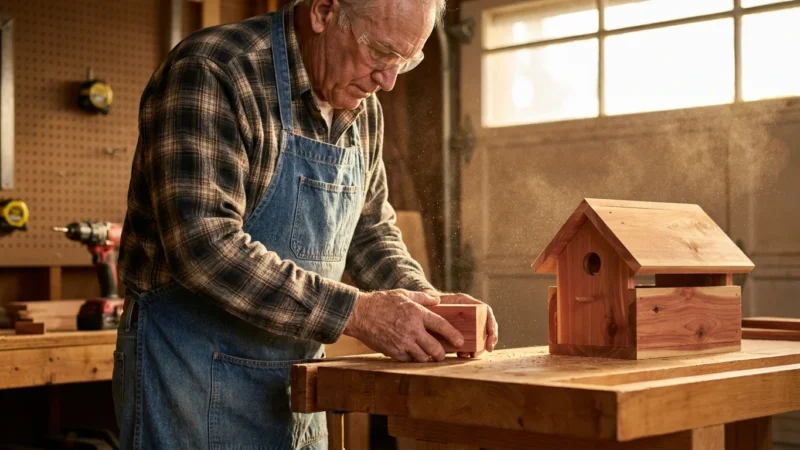 A senior man in a home workshop sanding a cedar birdhouse on a sunny afternoon.