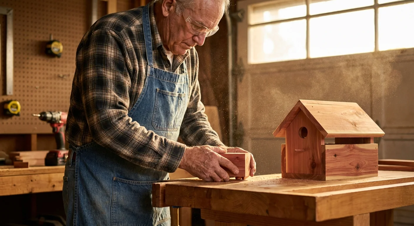 A senior man in a home workshop sanding a cedar birdhouse on a sunny afternoon.