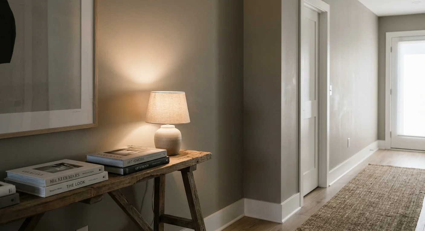 A serene taupe-grey hallway with a console table and a small lamp casting a warm glow.