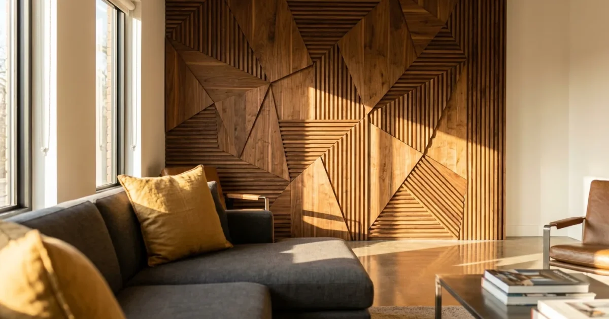 A sophisticated geometric walnut wood accent wall in a modern living room with dramatic sunlight and shadows.
