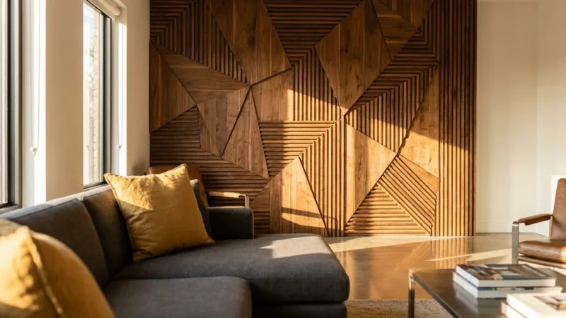 A sophisticated geometric walnut wood accent wall in a modern living room with dramatic sunlight and shadows.