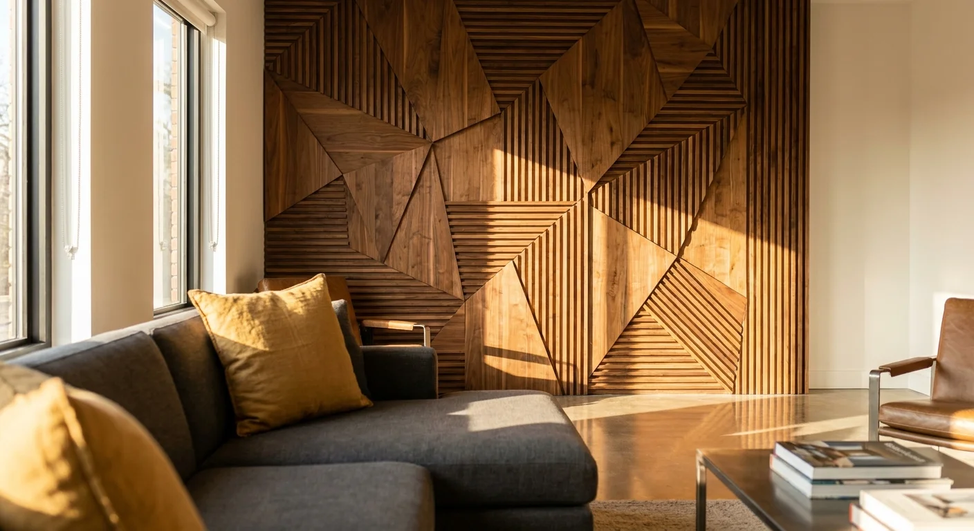 A sophisticated geometric walnut wood accent wall in a modern living room with dramatic sunlight and shadows.